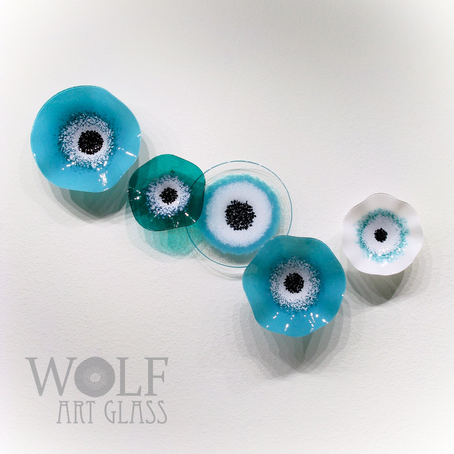 Turquoise Teal Blue Green White 5 Piece Blown Glass Wall Art Collection