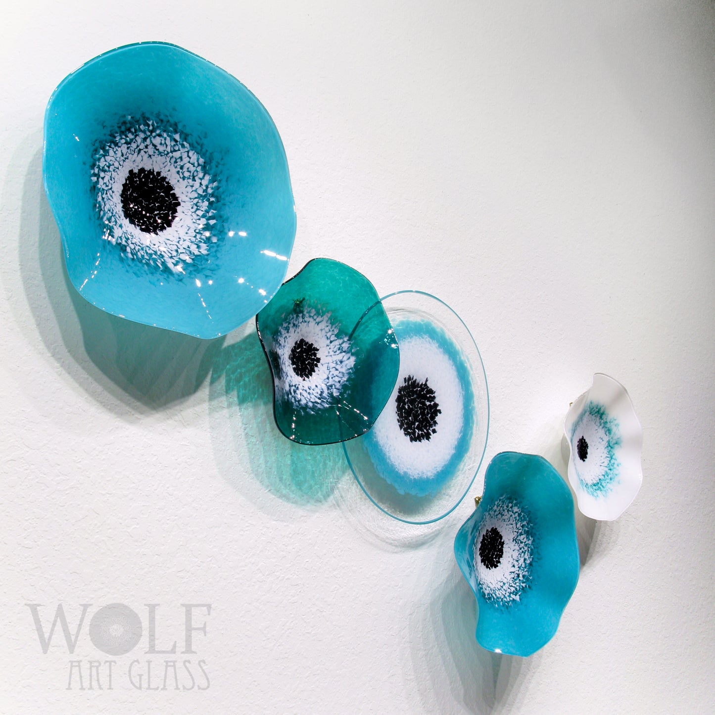 Turquoise Teal Blue Green White 5 Piece Blown Glass Wall Art Collection