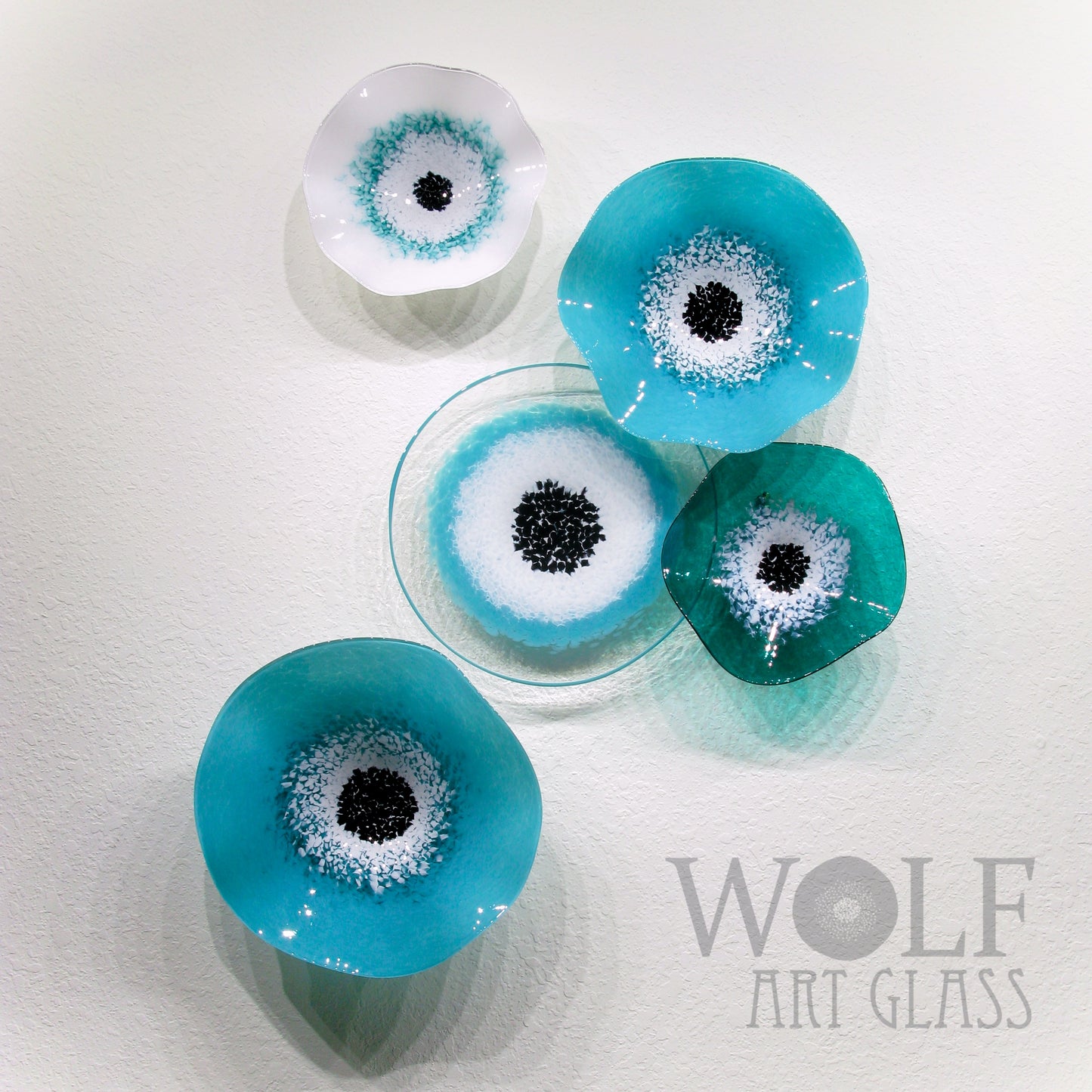 Turquoise Teal Blue Green White 5 Piece Blown Glass Wall Art Collection