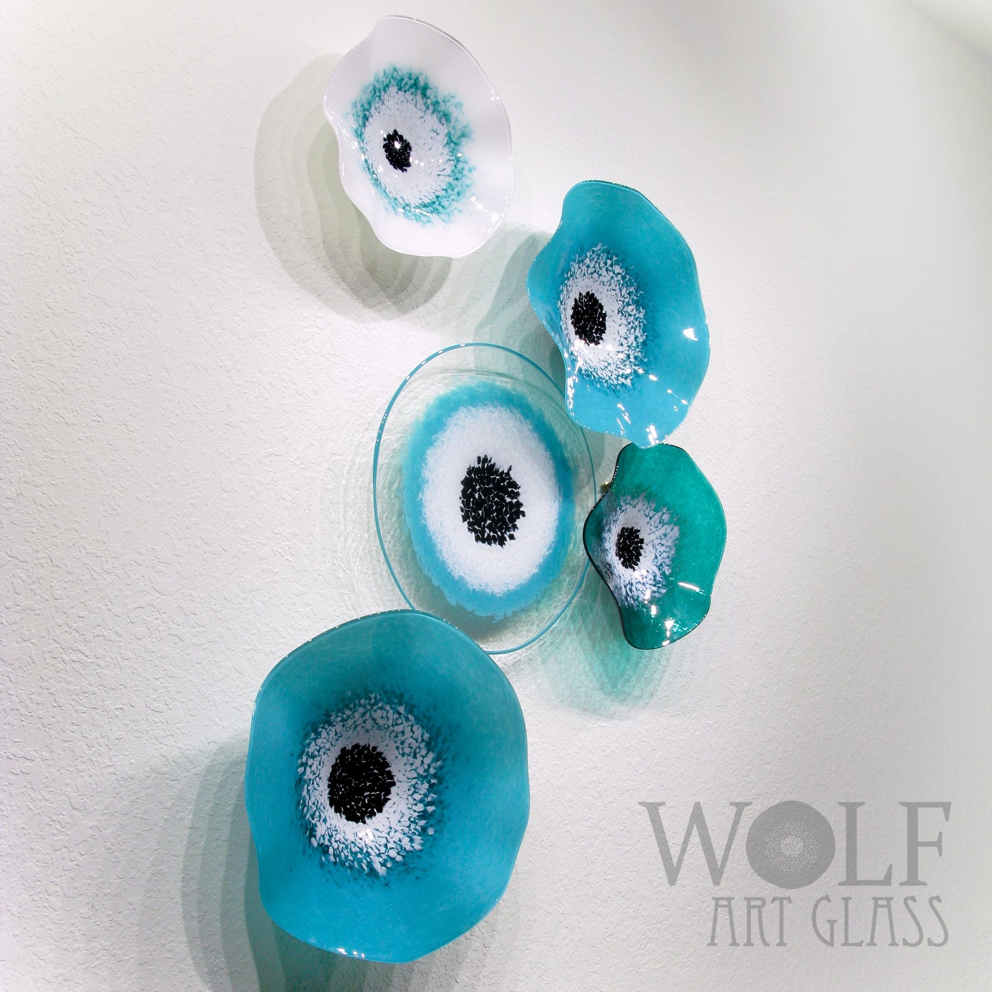 Turquoise Teal Blue Green White 5 Piece Blown Glass Wall Art Collection