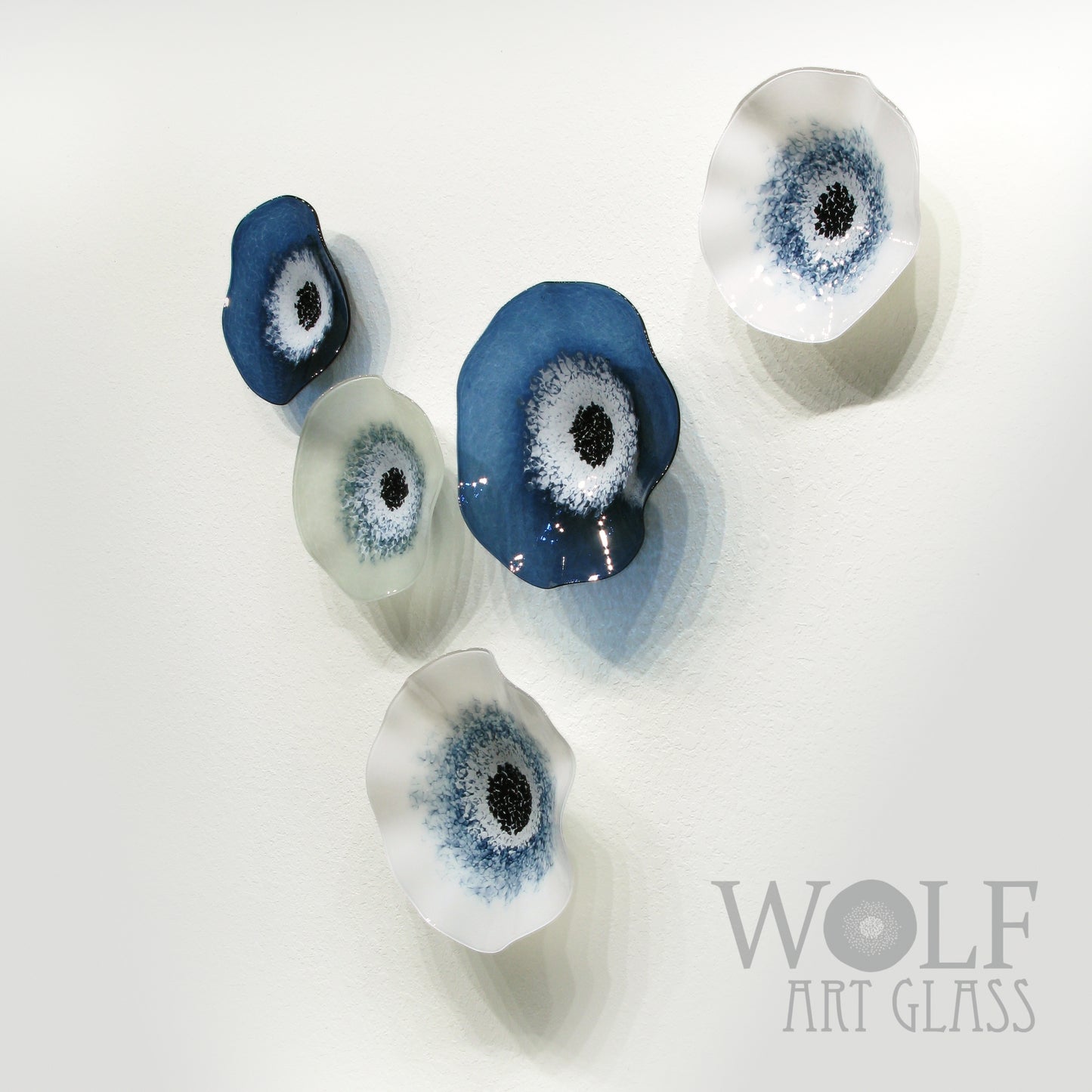 Blown Glass Flower Wall Art Collection - 5 Piece Denim Blue, White and Gray Poppy Flowers