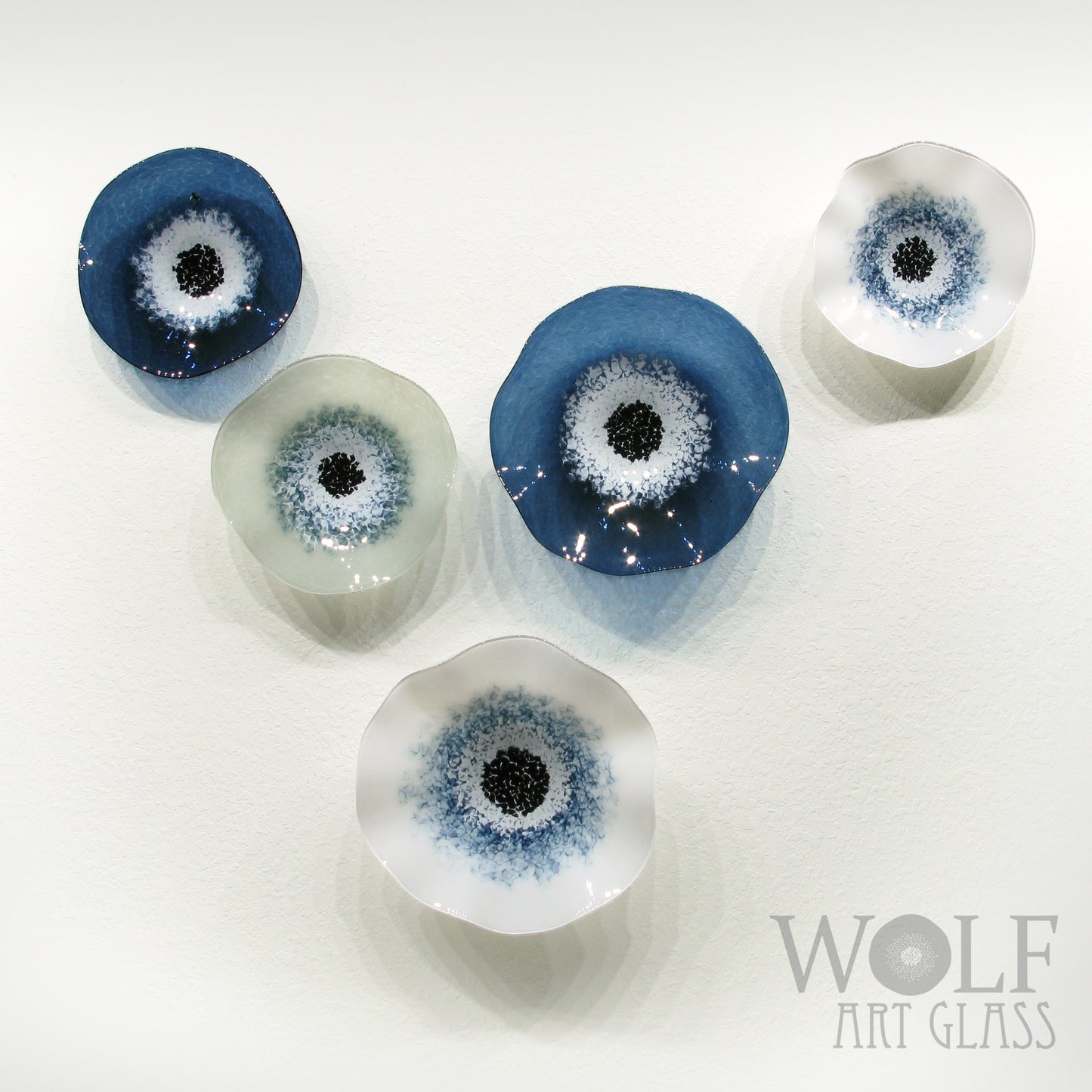 Blown Glass Flower Wall Art Collection - 5 Piece Denim Blue, White and Gray Poppy Flowers