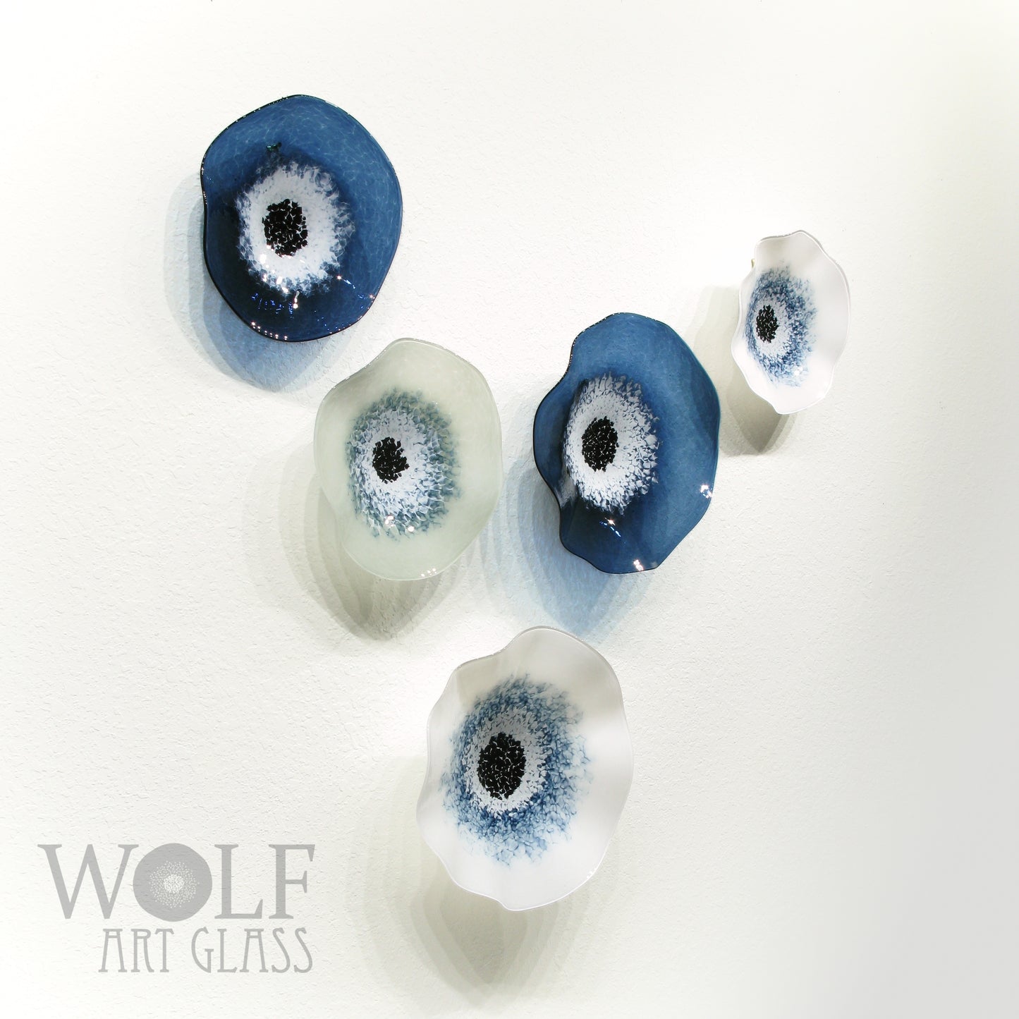 Blown Glass Flower Wall Art Collection - 5 Piece Denim Blue, White and Gray Poppy Flowers