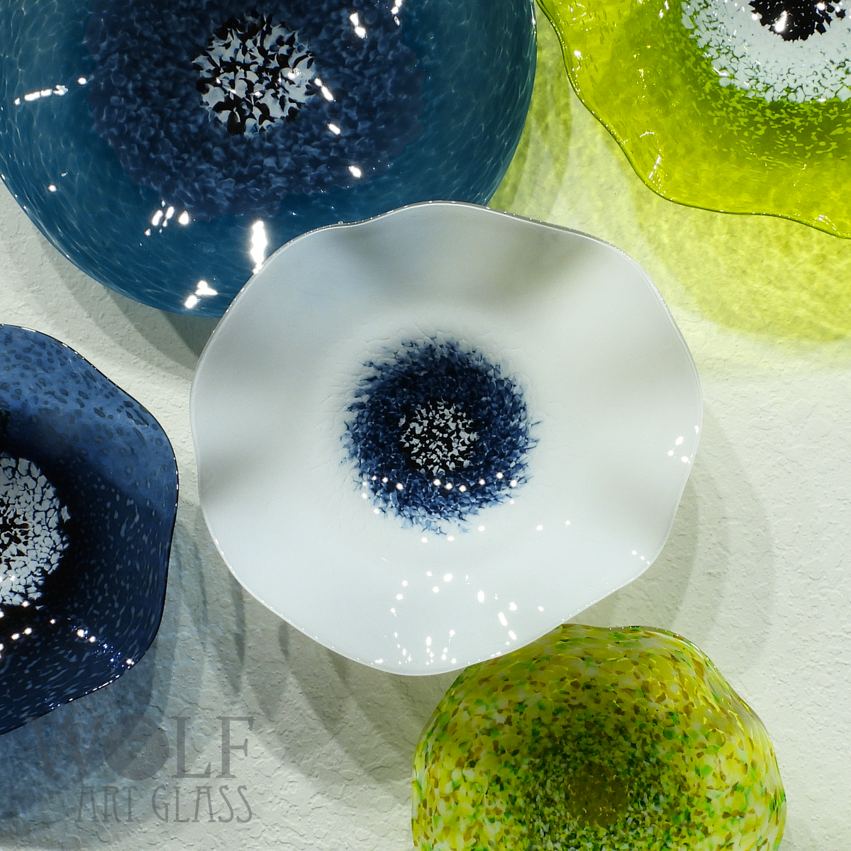 White with Opaque Denim Blue Glass Wall Art Flower