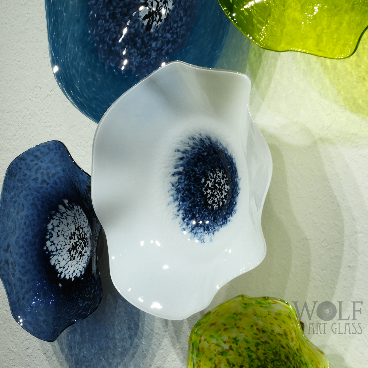 White with Opaque Denim Blue Glass Wall Art Flower