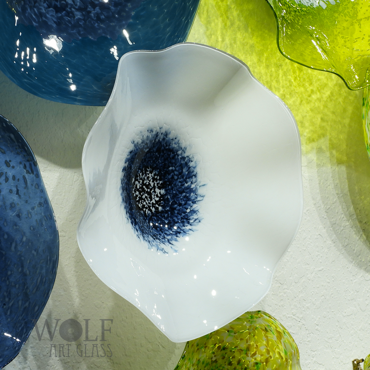 White with Opaque Denim Blue Glass Wall Art Flower